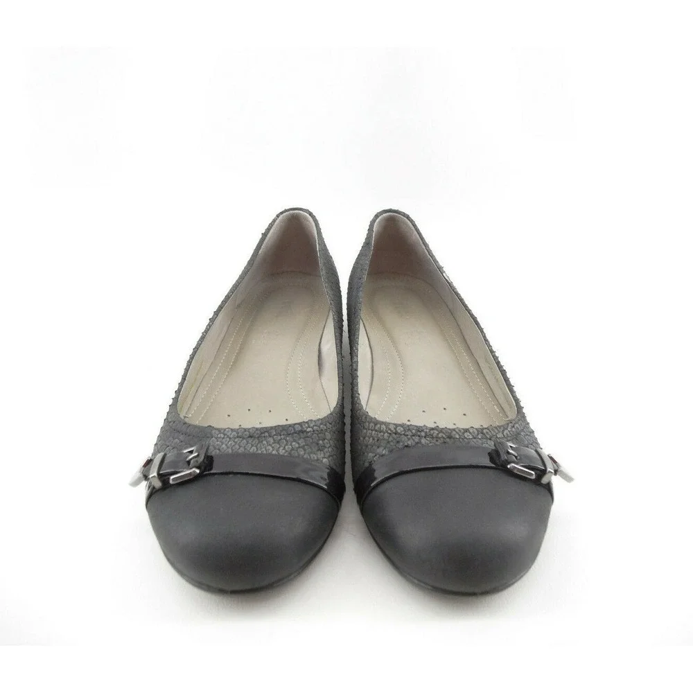 ECCO Womens SZ 38 EU 7-7.5US Black Leather Snake Skin Print Buckle Comfort Flats